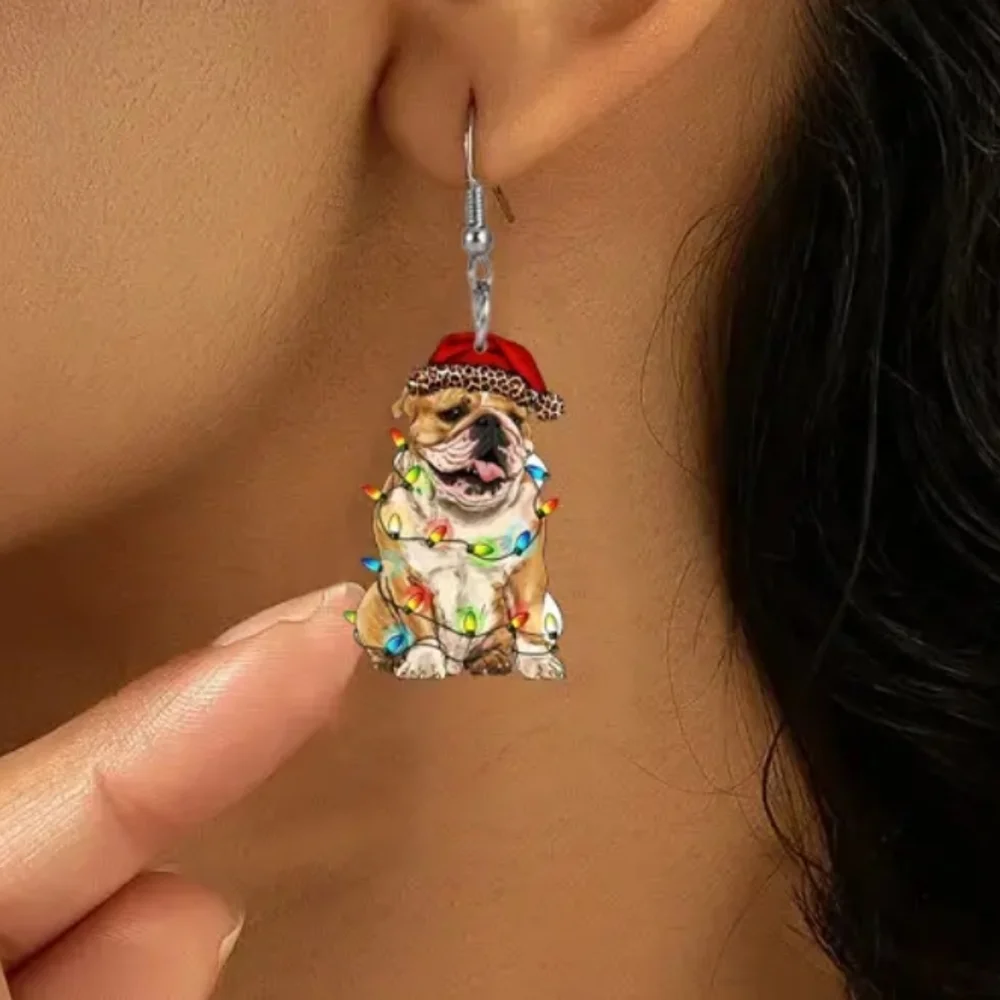 Bulldog Holiday Acrylic Dangle Christmas Earrings. NWOT